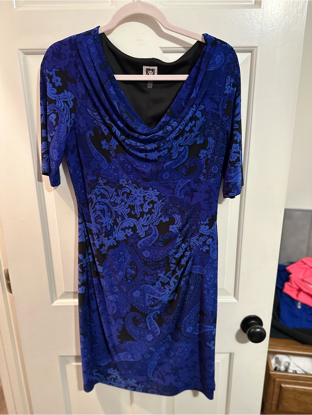 Anne Klein Royal Blue Paisley Cowl-Neck Midi Dress